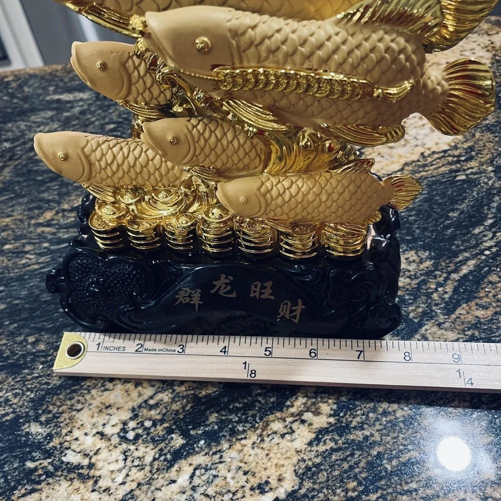 Gold Arowana Fish Feng Shui Resin Figurine Chinese Wealth Coins‎ Decor Small